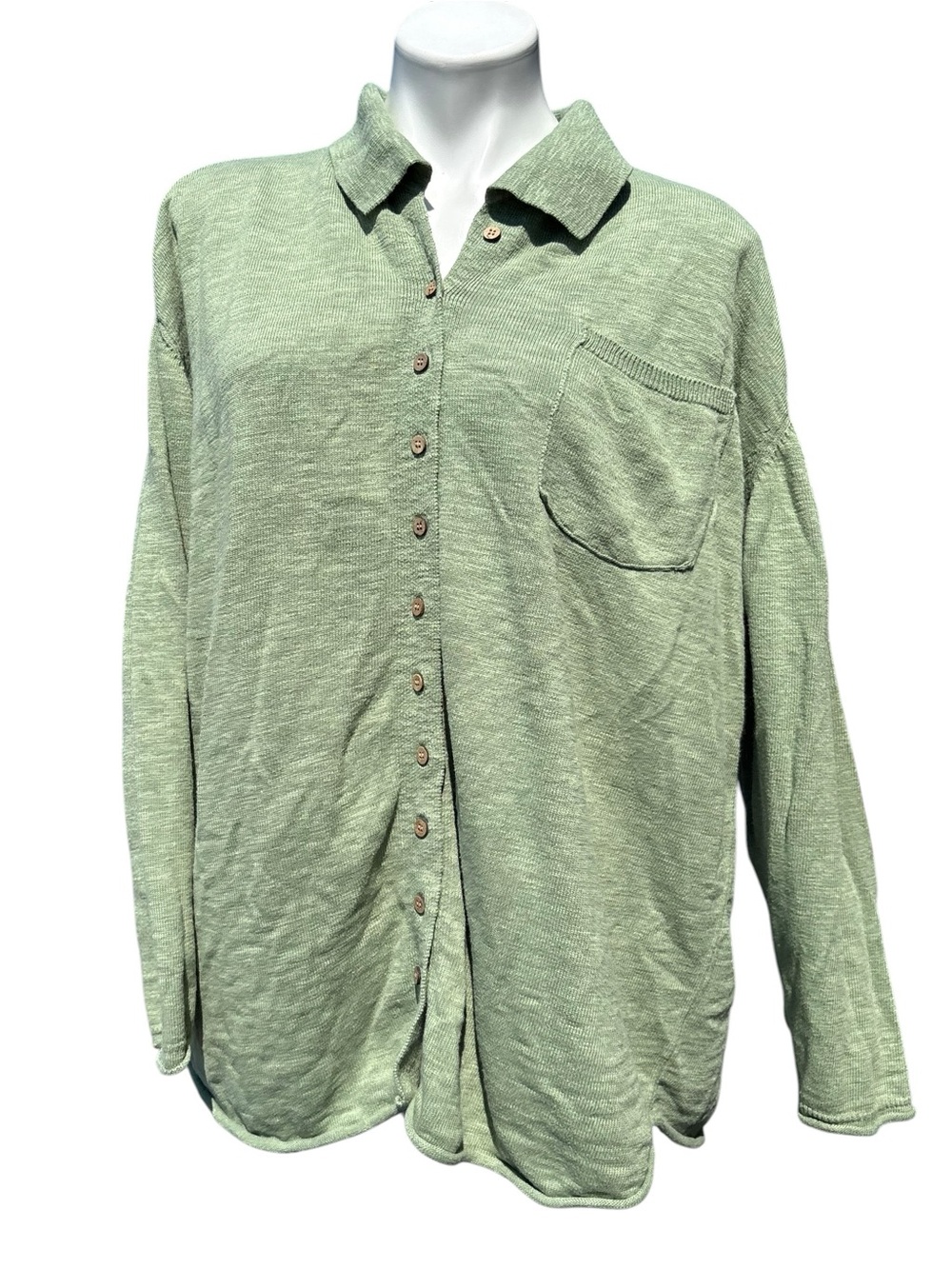 Free People Beach Oversized Green Button Up Linen Blend Sweater Medium - Picture 2 of 13
